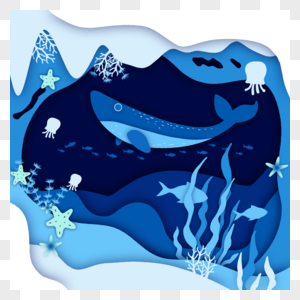 卡通剪纸风世界海洋日鲸鱼元素图片