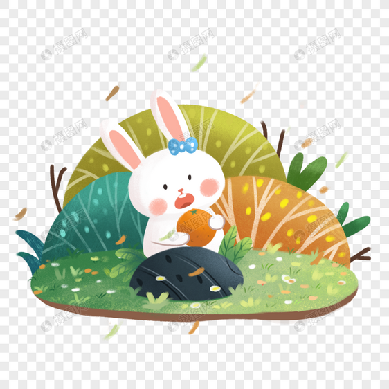 卡通手绘立秋节气可爱草地吃桔子兔子元素图片