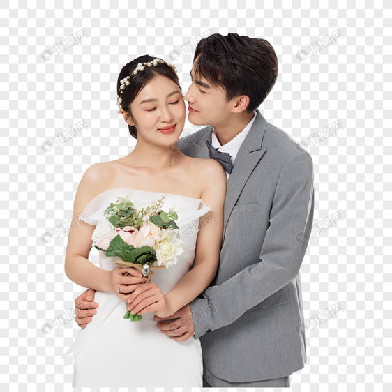 新婚夫妇甜蜜亲吻脸颊图片