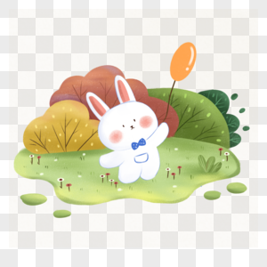 手绘卡通处暑可爱兔子气球草地高清图片