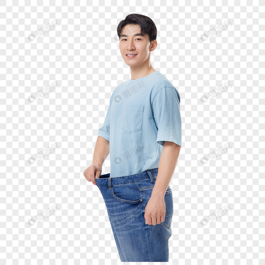 减肥成功的男性手拉裤子图片