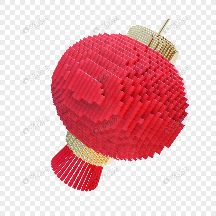 3D立体方块像素风格红色圆灯笼元素图片