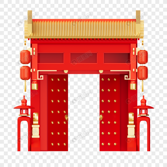 3D立体C4D新年春节开工大吉中式建筑图片