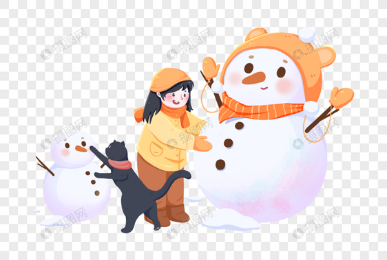 小猫和女孩堆雪人图片