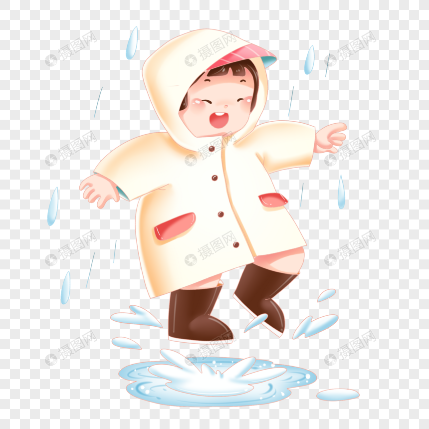 雨水节气卡通儿童穿雨衣雨鞋踩水场景图片