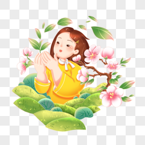 春天女孩卡通人物花卉植物组合场景高清图片