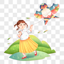 卡通女孩春季踏青游戏放风筝场景图片