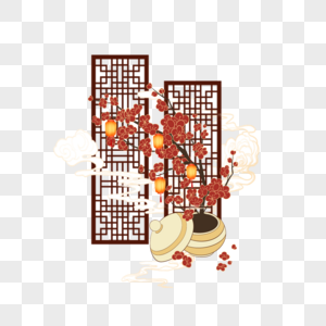 梅花树灯笼仙鹤国风高清图片