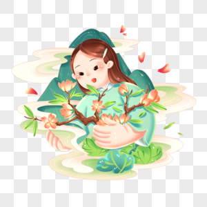 中国风女孩春季景观植物装饰场景图片