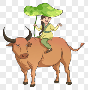 女孩乡间骑牛插画图片