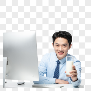 商务男士在办公室喝牛奶图片