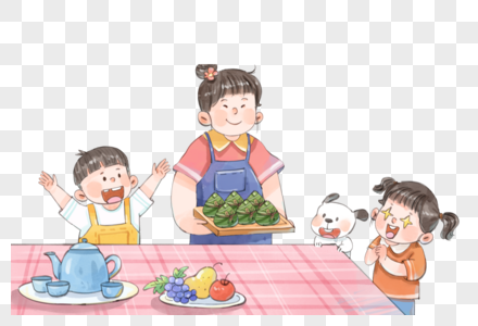 吃粽子的一家人图片