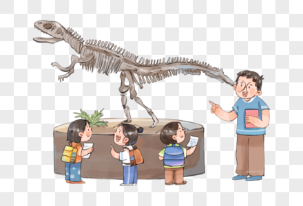 老师带学生参观恐龙化石图片