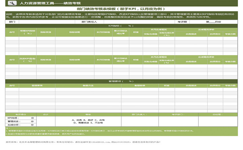 部门绩效考核表模板