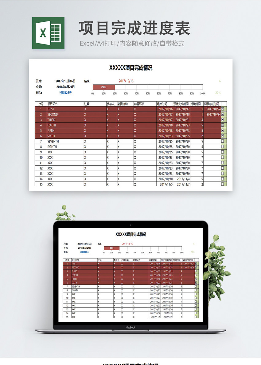 醒目红色项目进度管理表格Excel模板