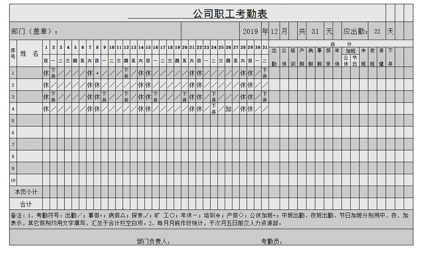 公司人事部职工考勤表