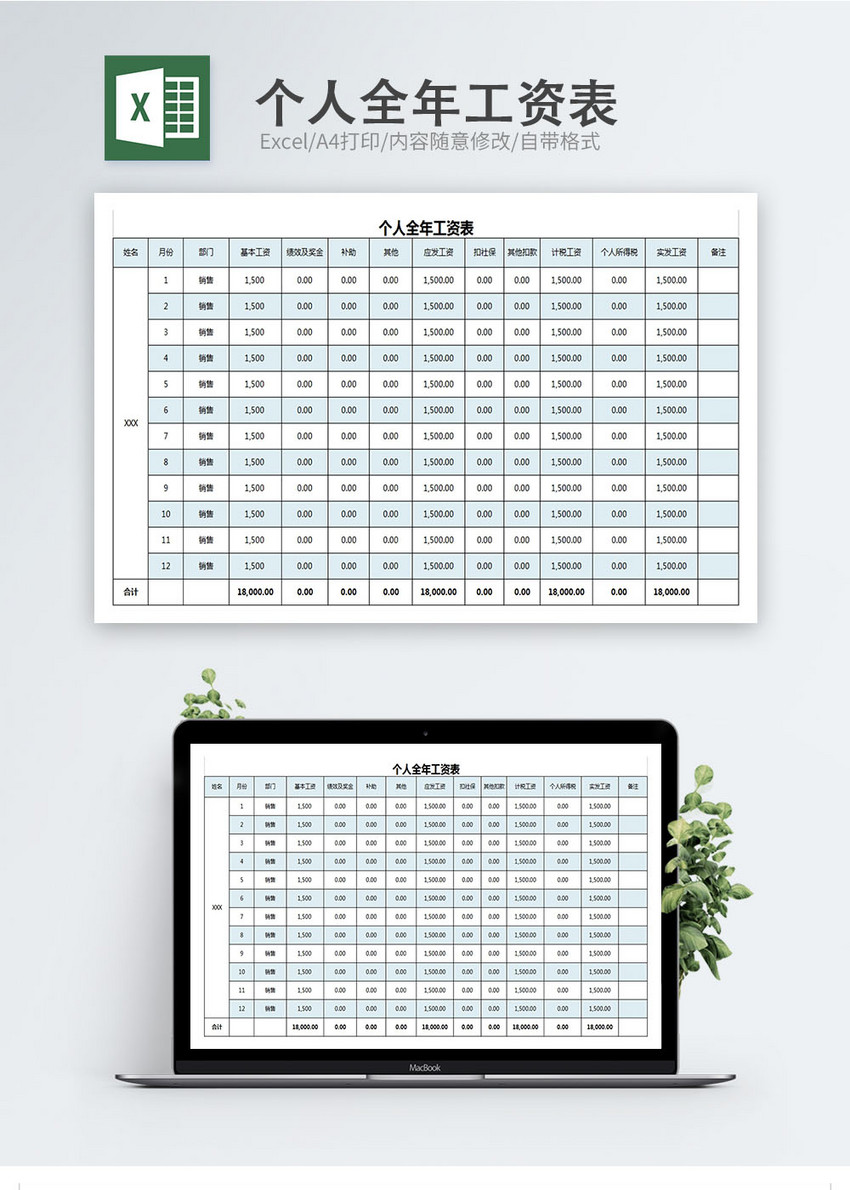个人全年工资表Excel表格