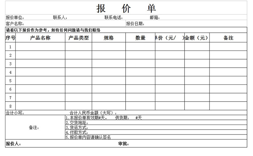 单位产品明细报价表excel模板