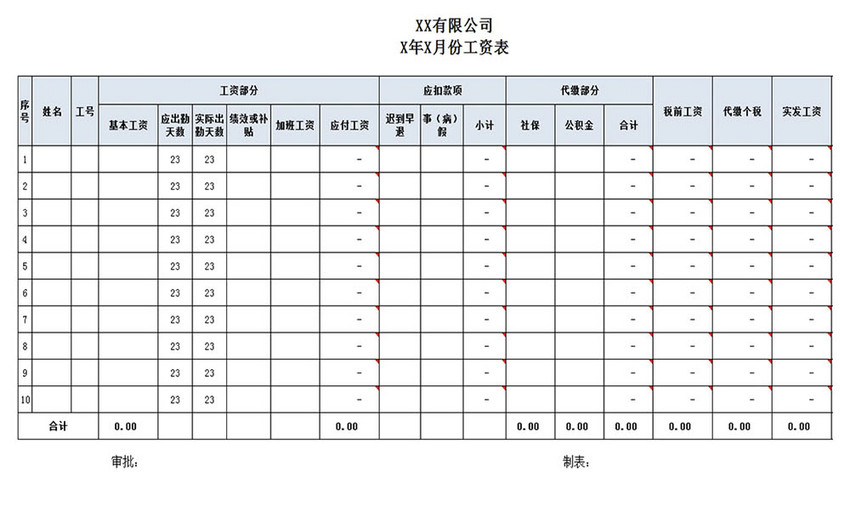 工资表范本Excel表格