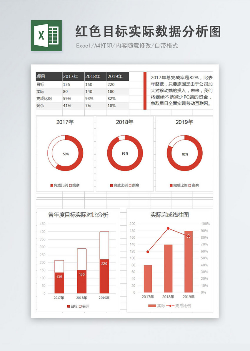 红色目标实际数据分析图excel表格模板