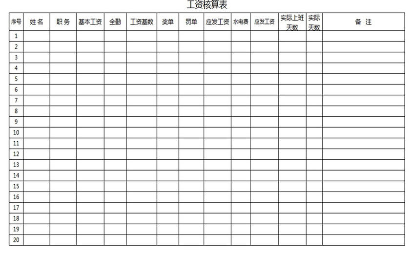 工资核算表Excel模板