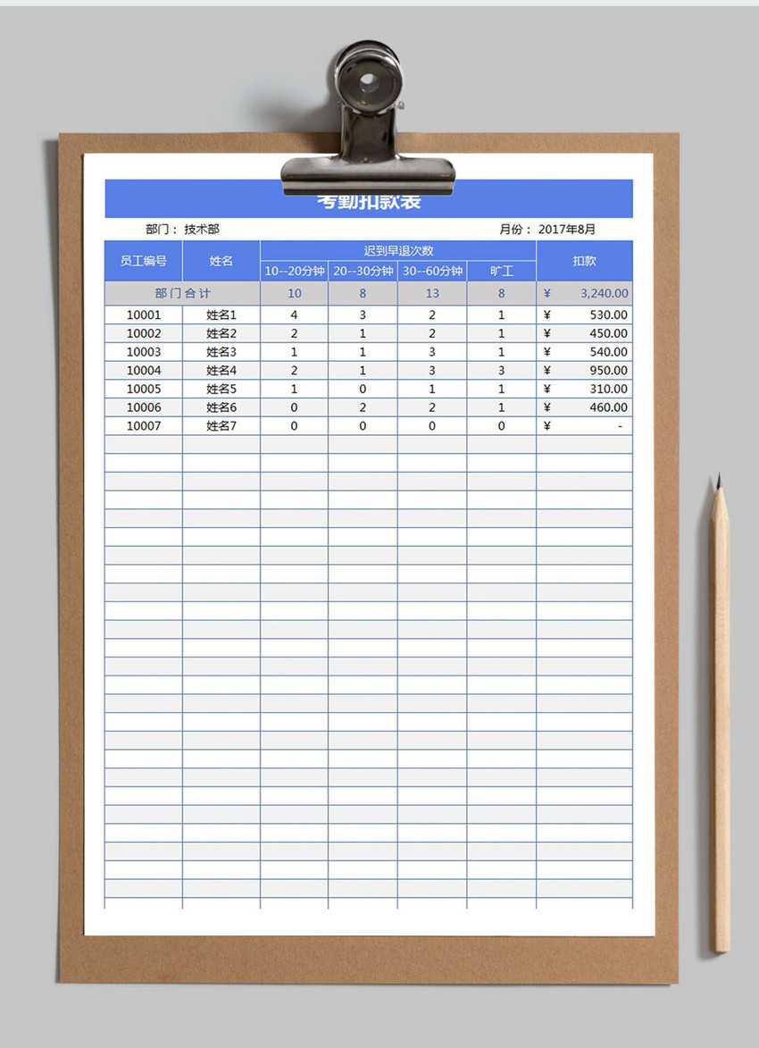 考勤扣款表excel模板