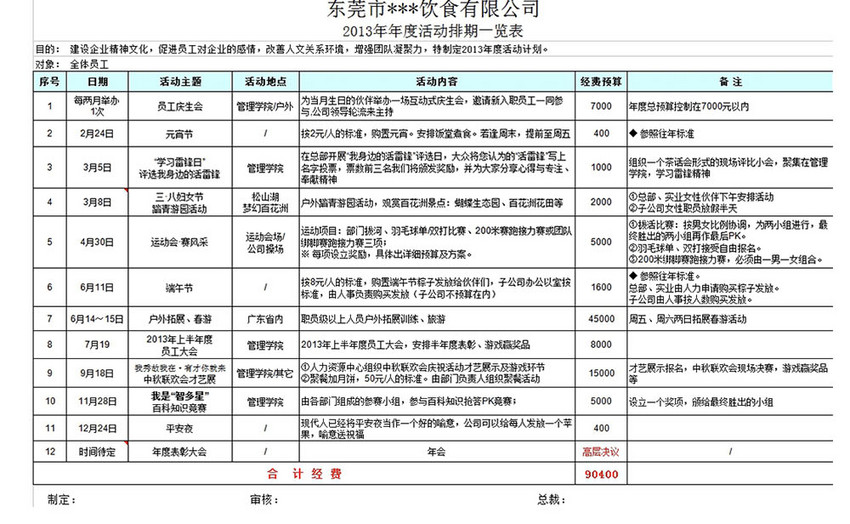 企业文化活动计划excel表格模板