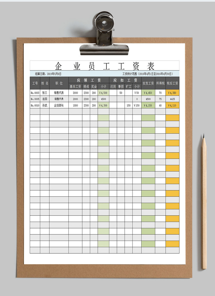 企业员工工资表Excel模板