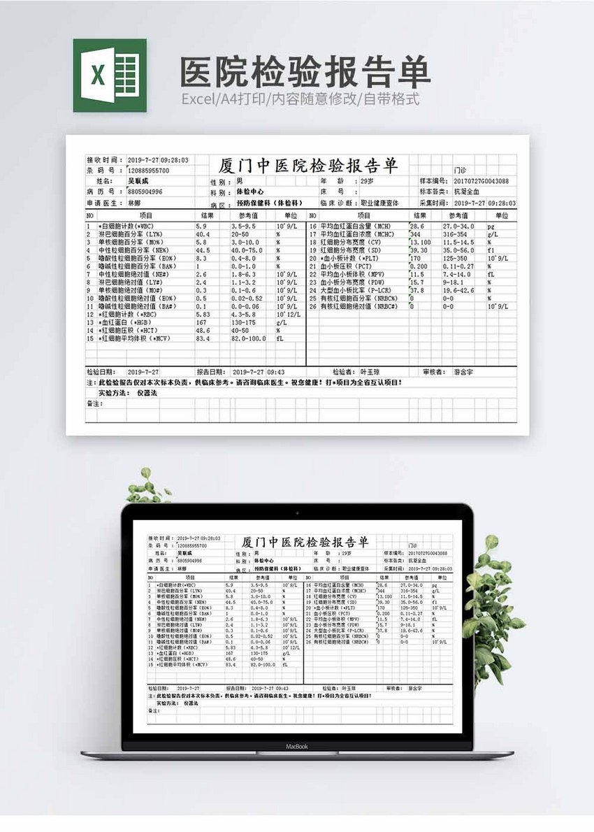 医院检验报告单excel模板