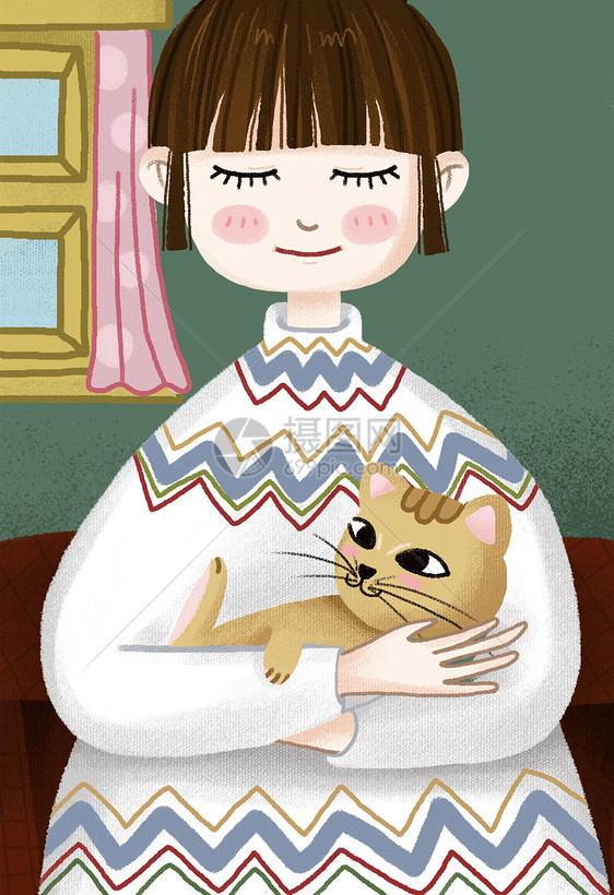 抱着花猫的女孩手机壁纸