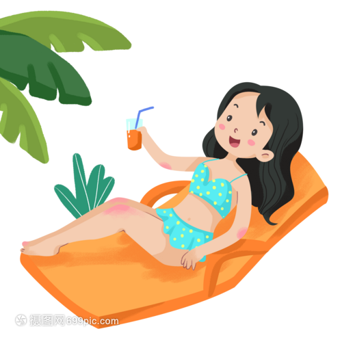 夏天海边椰树下躺在躺椅上的比基尼女孩