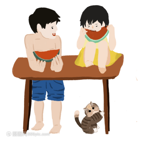 男孩女孩吃西瓜哥哥看着妹妹童年夏日生活场景