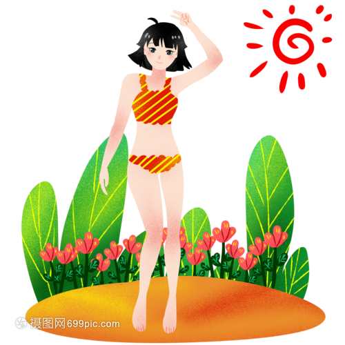 卡通条纹比基尼女孩站着阳光下