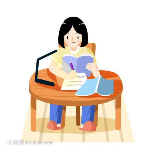 卡通手绘女孩灯下奋笔疾书