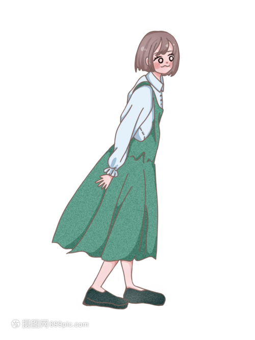 手绘卡通小清新世界人口日女孩绿色背带裙