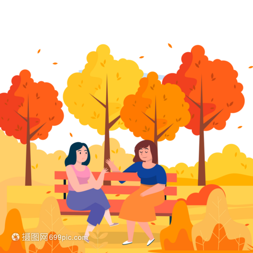 两个女士在秋天的森林公园座椅上聊天
