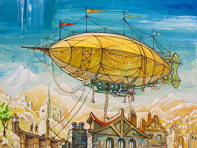 肮脏的油画与巨大的飞艇飞过老式的幻想建筑的艺术品,帆布上的油,60x80厘米背景图片