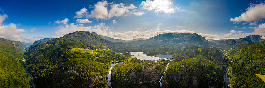 美丽的自然挪威自然景观全景晚福森瀑布奇达挪威晚期瀑布个强大的孪生瀑布图片