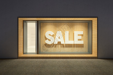 商店橱窗与销售横幅夜间,3D渲染图片