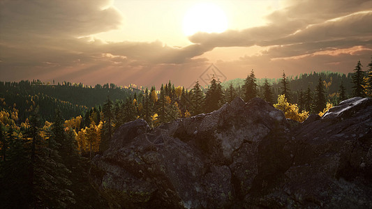 日落时山景中的夏季森林山景中的夏季森林图片