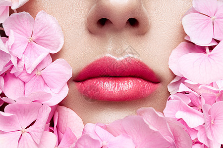 近距离观看美丽的女人嘴唇与粉红色口红花美容,药店或时尚化妆模特面装饰鲜花图片