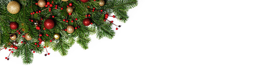 圣诞新年装饰框架隔离白色,冷杉树枝上,红色金色的Baubles上,文字圣诞装饰框架图片