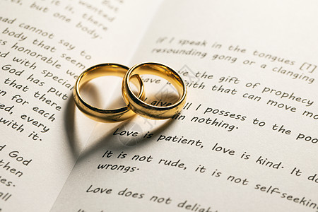 两个金色的结婚戒指神圣的圣经书上与心形阴影圣经书上的金色结婚戒指背景图片