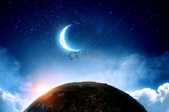 夜空上的地球月亮星星蓝天上的地球月亮星星图片