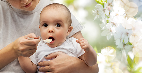 孩子,吃食物的亲密的母亲用勺子喂养小婴儿的自然春天樱花背景用勺子喂小宝宝来亲近妈妈图片