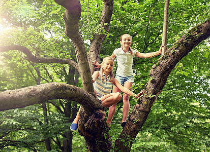 友谊,童年,休闲人的两个快乐的女孩爬上树,夏天的公园玩得很开心两个快乐的女孩夏天的公园里爬上树图片