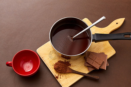 糖果,糖果烹饪锅与融化的热巧克力,可可粉勺子,红色陶瓷杯木板棕色背景锅里有热巧克力杯子可可粉图片