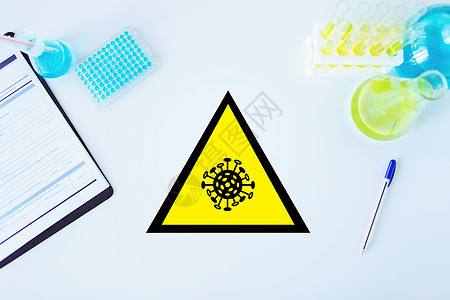 科学,医学大流行冠状病警告标志科学实验室的桌子上与试管疫苗样本冠状病警告标志科学实验室图片