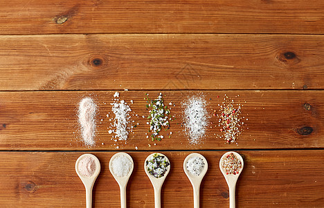 食物,烹饪健康的饮食勺子与盐香料木桌上木桌上有盐香料的勺子图片