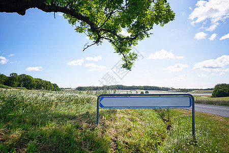 夏天的绿树下,带有田园诗般自然的箭头的路标图片